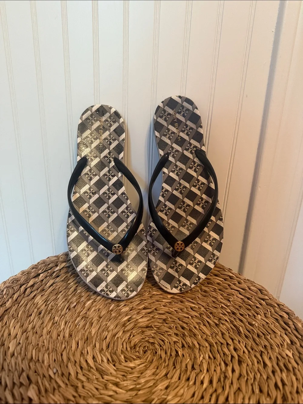 Tory Burch Black & White Logo Pattern Flip Flops